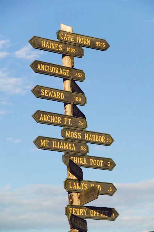 Signpost with directional arrows pointing to various locations, including Cape Horn, Anchorage, and Seward, against a blue sky.