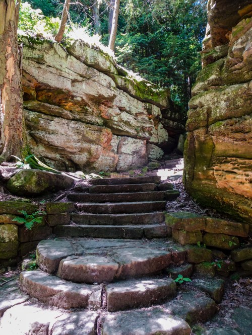 Stone steps lead through a narrow passage between tall, moss-covered rock formations in a forested area.