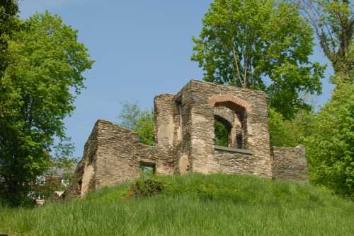 Ruins of a stone structure surrounded by lush green trees and grass under a clear blue sky.