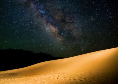 A serene desert landscape at night, featuring sand dunes under a starry sky with the Milky Way visible.