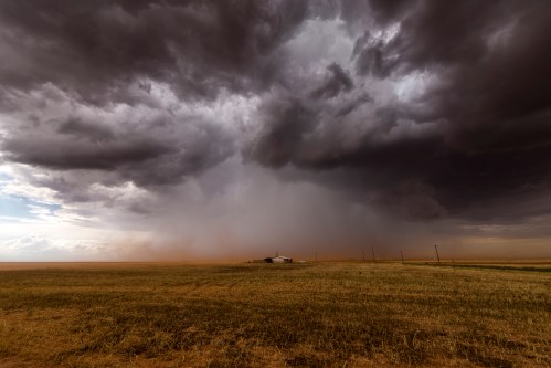 A dramatic sky filled with dark clouds looms over a lone farmhouse in a vast, open field. Dust swirls in the air.