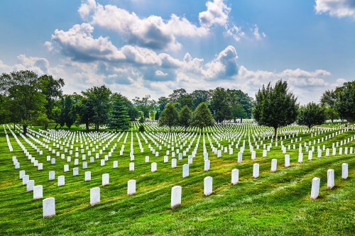 A serene cemetery with rows of white gravestones set against a blue sky and green trees.