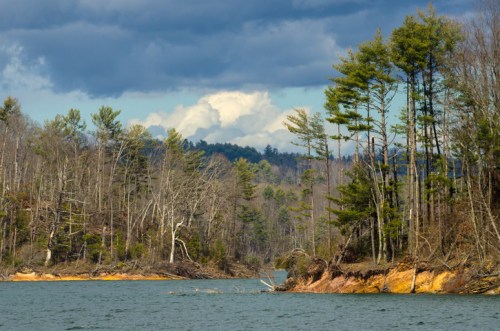 A serene lake surrounded by trees and mountains under a cloudy sky, reflecting nature's tranquility.