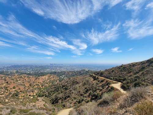 A panoramic view of rolling hills and a city skyline under a blue sky with wispy clouds.