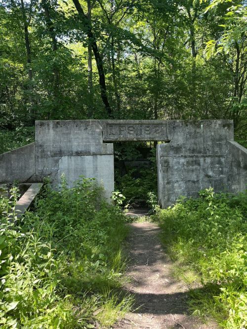 A weathered concrete structure with "LPS 1921" engraved, surrounded by lush greenery and a narrow path.