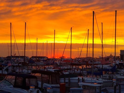 Sunset over a marina, with silhouetted boats and masts against a vibrant orange and yellow sky.