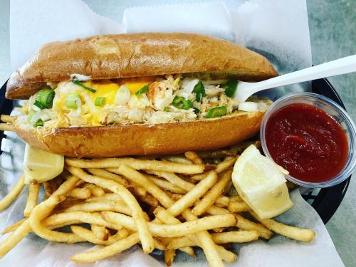 A loaded sandwich with shredded chicken, cheese, and green onions, served with fries and a side of ketchup.