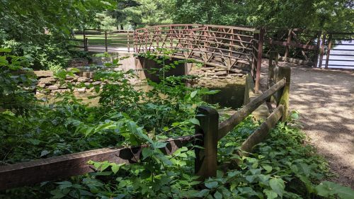 A wooden bridge over a small stream, surrounded by lush greenery and a rustic wooden fence in a park setting.