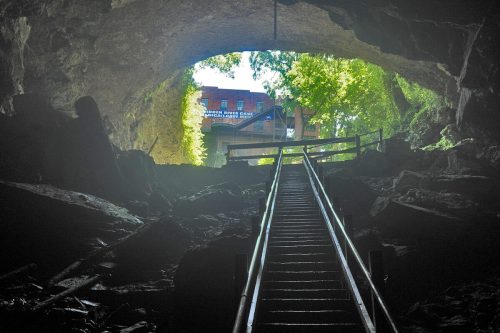 A view from inside a cave, showing a wooden staircase leading out to a bright, green landscape.