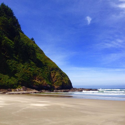 A serene beach scene with a green hillside, blue sky, and gentle waves lapping at the shore.