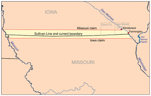 Map showing the Sullivan Line and current boundary between Iowa and Missouri, highlighting claims in both states.