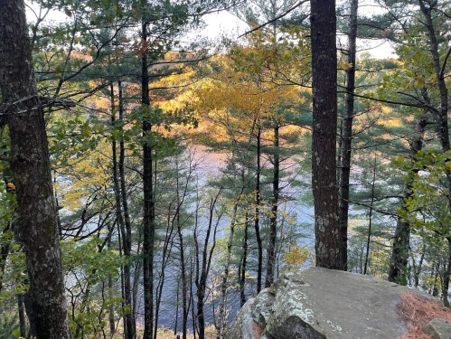 A serene view of a lake surrounded by tall trees with autumn foliage, captured from a rocky vantage point.