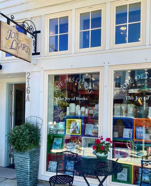 A charming bookstore window displays colorful books and a sign reading "The Joy of Books." Flowers adorn the entrance.