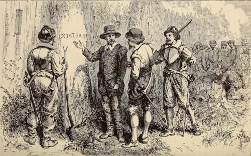 Historical illustration of men discussing the "Croatoan" carving on a tree, with others working in the background.