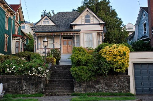 A charming two-story house with a gabled roof, surrounded by lush greenery and colorful shrubs.