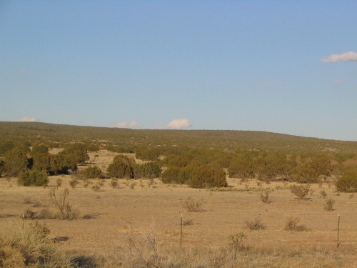 A vast, open landscape with sparse vegetation and distant hills under a clear blue sky.