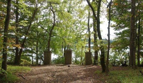 A serene forest scene with stone pillars, surrounded by trees and a glimpse of water in the background.