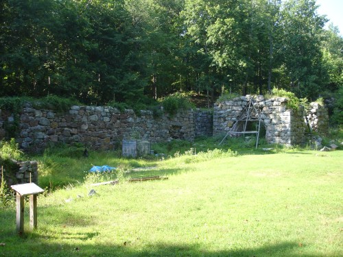 Ruins of a stone wall surrounded by greenery, with a wooden support structure and a grassy area in the foreground.