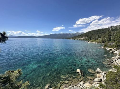 A serene lake with clear blue water, surrounded by green trees and mountains under a bright sky with scattered clouds.