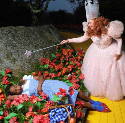 A fairy-tale scene with a princess casting a spell on a girl in a blue dress, surrounded by colorful flowers.