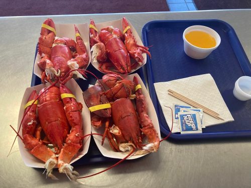 Four cooked lobsters on a tray, accompanied by a small cup of butter and condiments, with chopsticks and a napkin.