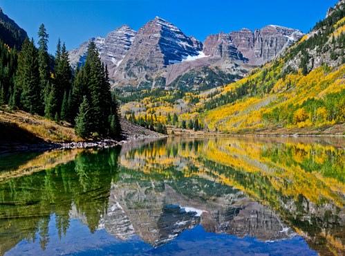 Scenic mountain landscape with vibrant autumn foliage reflected in a calm lake under a clear blue sky.