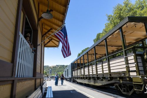 A train station with a person looking out from a window, an American flag, and a train platform with passengers.