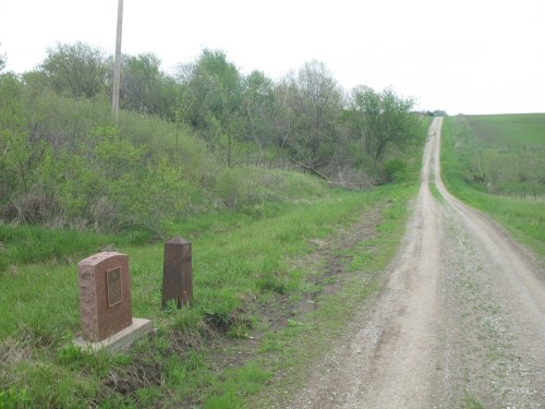 A gravel road lined with greenery, featuring two stone markers on the left side.