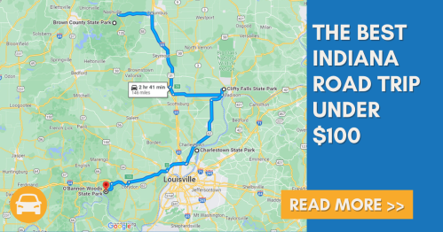 Map showing a road trip route in Indiana, highlighting parks and a budget-friendly travel option under $100.