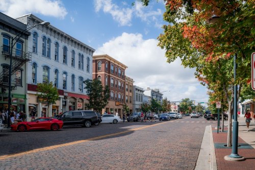 A bustling street lined with historic buildings, shops, and trees, under a partly cloudy sky.