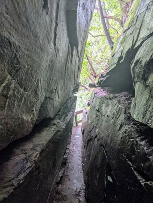 Narrow passage between tall rock formations, leading to a lush green area beyond.