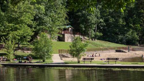 A serene park scene with a sandy beach, benches, and lush greenery by a calm lake. People relax in the background.
