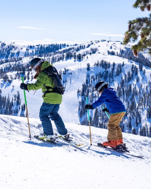 Two children skiing on a snowy slope, surrounded by trees and mountains under a clear blue sky.