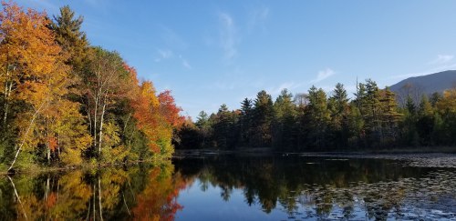A serene lake surrounded by vibrant autumn foliage and clear blue skies, reflecting the colorful trees.