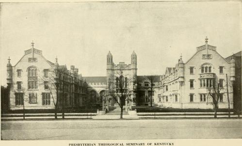 Historic black-and-white photo of the Presbyterian Theological Seminary of Kentucky, showcasing its architectural design.