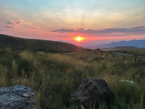 A vibrant sunset over rolling hills, with rays of light shining through clouds and grassy foreground.