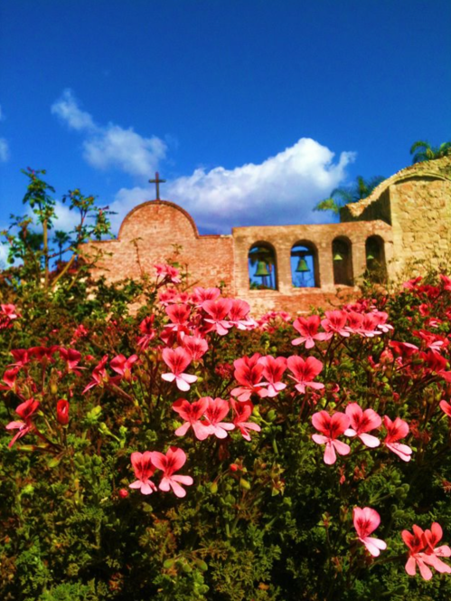 A vibrant display of pink flowers in front of a historic stone building with a cross and blue sky.