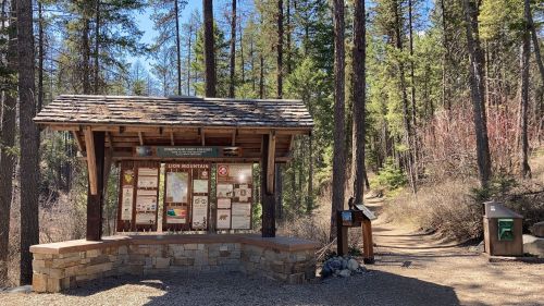 A wooden information kiosk in a forested area, with a trail leading into the trees on a sunny day.