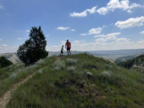 A person and a child walk along a grassy hilltop with a scenic view of rolling hills and blue sky.