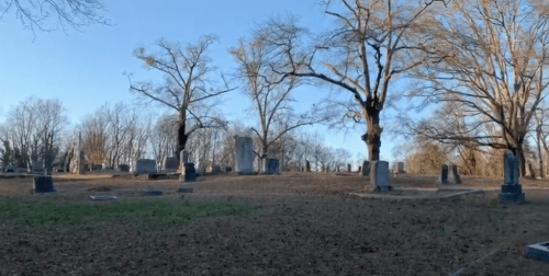 A serene cemetery scene with bare trees and gravestones under a clear blue sky.