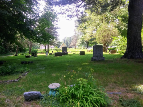 A peaceful cemetery scene with gravestones surrounded by trees and lush green grass under a clear sky.