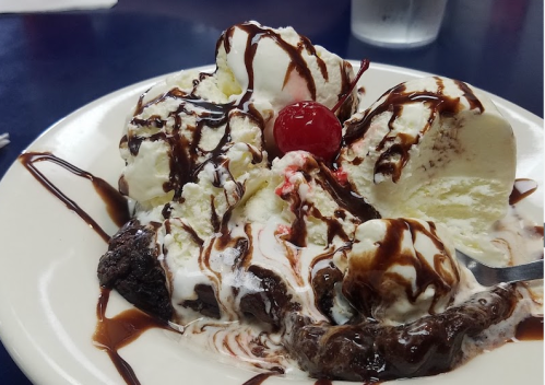 A dessert plate featuring scoops of ice cream, chocolate sauce, whipped cream, and a cherry on top of a brownie.