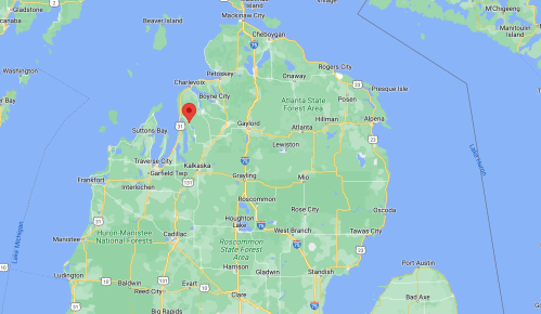 Map of northern Michigan highlighting the area around Boyne City and nearby towns.