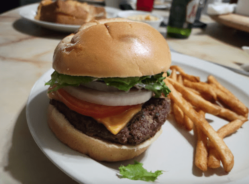 A close-up of a cheeseburger with lettuce, tomato, and onion, served with a side of fries on a plate.