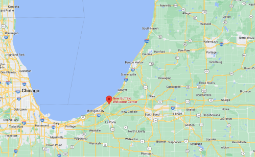 Map showing the area around New Buffalo, Michigan, near Lake Michigan, with Chicago to the west.