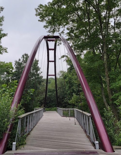 A modern purple arch bridge spans a wooden walkway surrounded by lush green trees under a cloudy sky.