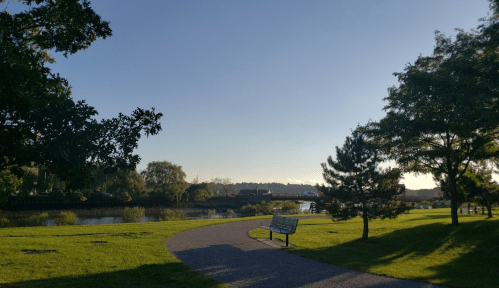 A serene park scene with a winding path, benches, trees, and a calm river under a clear blue sky.