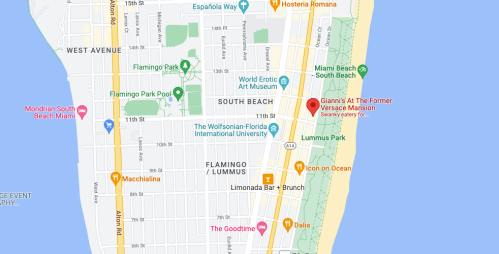 Map of South Beach, Miami, highlighting Gianni's at the Former Versace Mansion and nearby attractions.