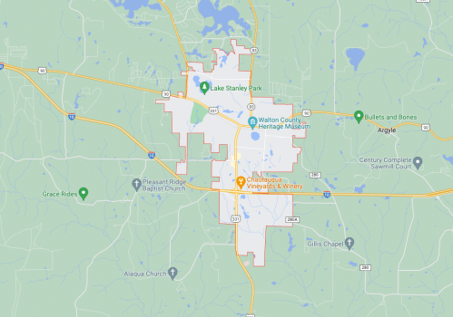 Map of a region featuring Lake Stanley Park, Chautauqua Vineyards & Winery, and nearby roads in Walton County, Florida.
