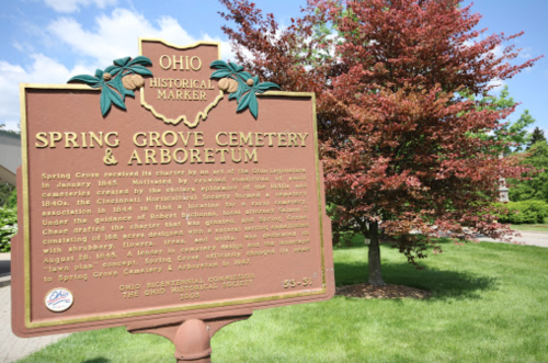 Historical marker for Spring Grove Cemetery & Arboretum in Ohio, detailing its establishment and significance.